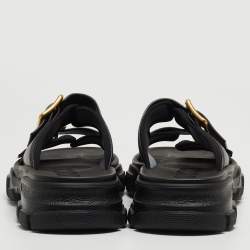 Gucci Black Leather Aguru Double Buckle Flat Sandals Size 43.5