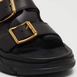 Gucci Black Leather Aguru Double Buckle Flat Sandals Size 43.5