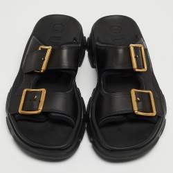 Gucci Black Leather Aguru Double Buckle Flat Sandals Size 43.5