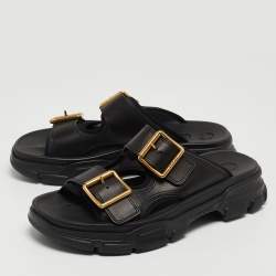 Gucci Black Leather Aguru Double Buckle Flat Sandals Size 43.5