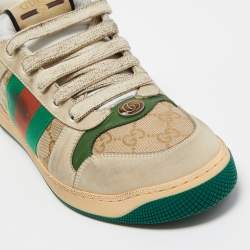 Gucci Beige/Green GG Canvas and Nubuck Leather Screener Low Top Sneakers Size 41.5