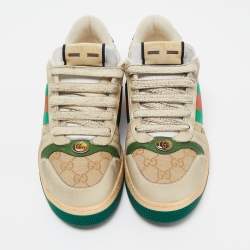 Gucci Beige/Green GG Canvas and Nubuck Leather Screener Low Top Sneakers Size 41.5
