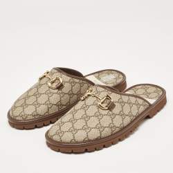 Gucci Beige/Brown GG Supreme Canvas Horsebit Slippers Size 40