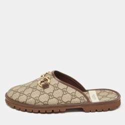 Gucci Beige/Brown GG Supreme Canvas Horsebit Slippers Size 40