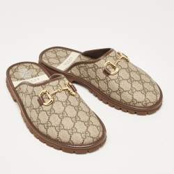 Gucci Beige/Brown GG Supreme Canvas Horsebit Slippers Size 40