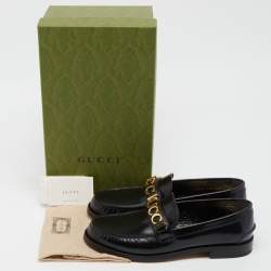 Pre Owned Gucci Black Leather Cara Logo Embellished Loafers Size 44.5