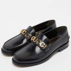 Pre Owned Gucci Black Leather Cara Logo Embellished Loafers Size 44.5