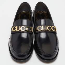 Pre Owned Gucci Black Leather Cara Logo Embellished Loafers Size 44.5