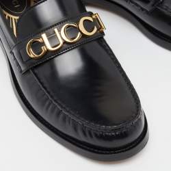Pre Owned Gucci Black Leather Cara Logo Embellished Loafers Size 44.5