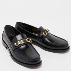 Pre Owned Gucci Black Leather Cara Logo Embellished Loafers Size 44.5