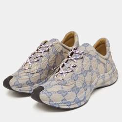 Pre Owned Gucci Beige/Blue GG Printed Leather Run Sneakers Size 44