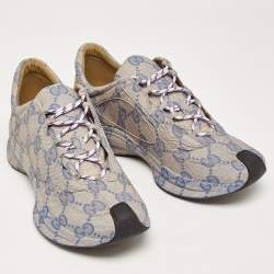 Pre Owned Gucci Beige/Blue GG Printed Leather Run Sneakers Size 44