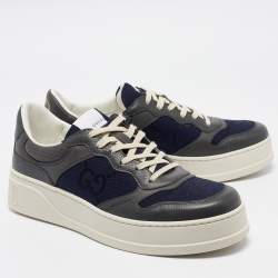 Pre Owned Gucci Blue/Grey Jumbo GG Canvas and Leather Low Top Sneakers Size 44.5