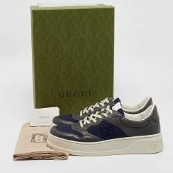 Pre Owned Gucci Blue/Grey Jumbo GG Canvas and Leather Low Top Sneakers Size 44.5