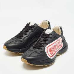 Pre Owned Gucci Black Leather Logo Rhyton Sneakers Size 41