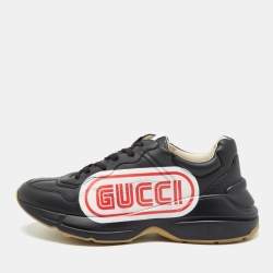 Pre Owned Gucci Black Leather Logo Rhyton Sneakers Size 41