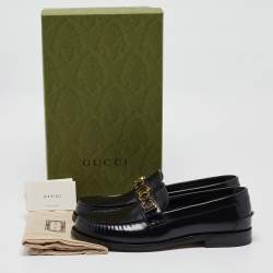 Gucci Black Leather Logo Embellished Cara Loafers Size 43.5