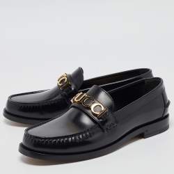Gucci Black Leather Logo Embellished Cara Loafers Size 43.5