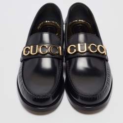 Gucci Black Leather Logo Embellished Cara Loafers Size 43.5