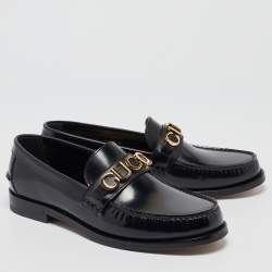 Gucci Black Leather Logo Embellished Cara Loafers Size 43.5