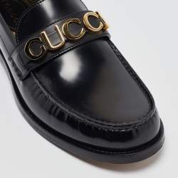 Gucci Black Leather Logo Embellished Cara Loafers Size 43.5