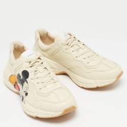 Pre Owned Gucci x Disney Cream Leather Mickey Mouse Rhyton Sneakers Size 47