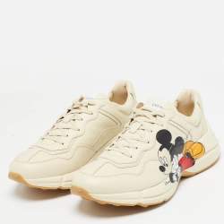 Pre Owned Gucci x Disney Cream Leather Mickey Mouse Rhyton Sneakers Size 47
