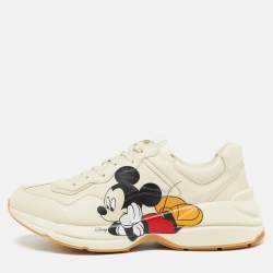 Pre Owned Gucci x Disney Cream Leather Mickey Mouse Rhyton Sneakers Size 47