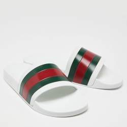 Pre Owned Gucci White Rubber Web Detail Flat Slides Size 44