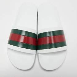 Pre Owned Gucci White Rubber Web Detail Flat Slides Size 44