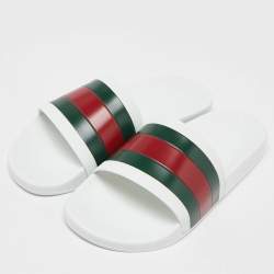 Pre Owned Gucci White Rubber Web Detail Flat Slides Size 44