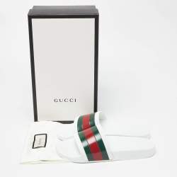 Pre Owned Gucci White Rubber Web Detail Flat Slides Size 44