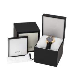Pre Owned Gucci Black Gold Tone Stainless Steel Leather G-Timeless 126.4 Men's Wristwatch 38 mm