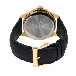 Pre Owned Gucci Black Gold Tone Stainless Steel Leather G-Timeless 126.4 Men's Wristwatch 38 mm