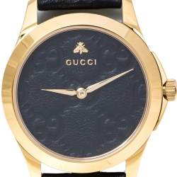 Pre Owned Gucci Black Gold Tone Stainless Steel Leather G-Timeless 126.4 Men's Wristwatch 38 mm