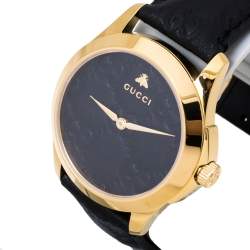 Pre Owned Gucci Black Gold Tone Stainless Steel Leather G-Timeless 126.4 Men's Wristwatch 38 mm