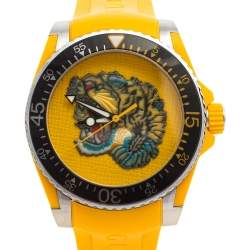 Pre Owned Gucci Yellow Stainless Steel Rubber Tiger Motif Dive YA136317 Men's Wristwatch 40 mm