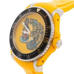 Pre Owned Gucci Yellow Stainless Steel Rubber Tiger Motif Dive YA136317 Men's Wristwatch 40 mm