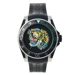 Gucci Black Stainless Steel & Rubber Tiger Motif Dive YA136318 Men's Wristwatch 40 mm