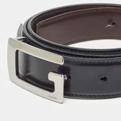 Pre Owned Gucci Black/Brown Leather G Square Buckle Reversible Belt 85 CM