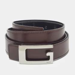 Pre Owned Gucci Black/Brown Leather G Square Buckle Reversible Belt 85 CM