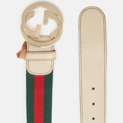 Pre Owned Gucci White Web Canvas and Leather Interlocking G Buckle Belt 95CM