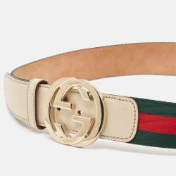 Pre Owned Gucci White Web Canvas and Leather Interlocking G Buckle Belt 95CM