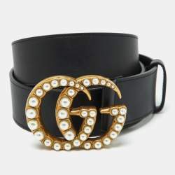 Pre Owned Gucci Black Leather GG Marmont Pearl Embellished Buckle Belt 95CM