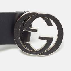 Pre Owned Gucci Black Leather Interlocking G Buckle Belt 100CM