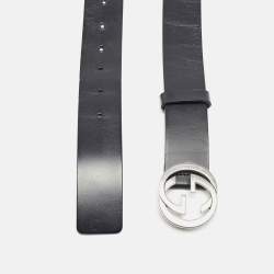 Pre Owned Gucci Black Leather Interlocking G Buckle Belt 100CM