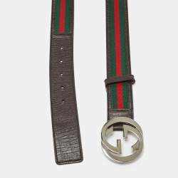 Pre Owned Gucci Brown Web Canvas and Leather Interlocking G Buckle Belt 95CM