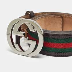 Pre Owned Gucci Brown Web Canvas and Leather Interlocking G Buckle Belt 95CM