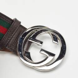 Pre Owned Gucci Brown Web Canvas and Leather Interlocking G Buckle Belt 95CM