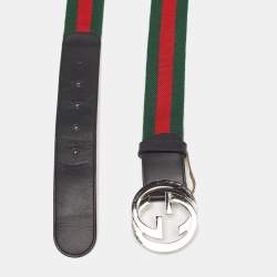Pre Owned Gucci Black Leather and Web Canvas Interlocking G Buckle Belt 100 CM